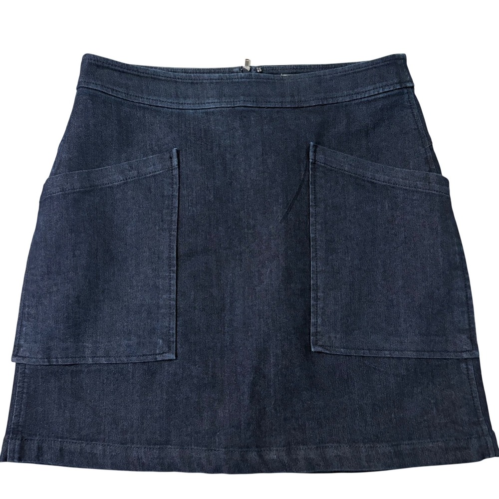 Loft Dark Indigo Denim Mini Skirt Size 8 Patch Pockets Back Zip A-Line Stretch